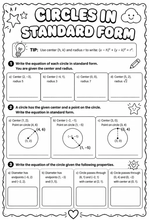 Write equations of circles in standard form using properties