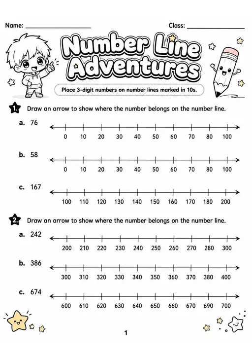 Number Line Adventures - Grade 3 Math Worksheet - grade 3 Diagrams, models, and drawing tasks