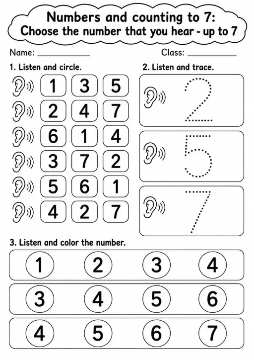 Pre-K Numbers and Counting to 7 Math Worksheet Pack