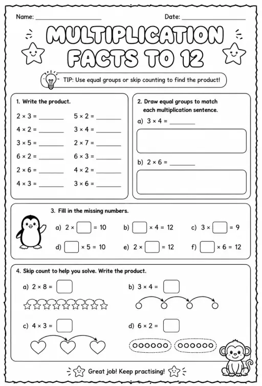 Multiplication facts to 12