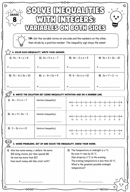 Solve inequalities with integers: variables on both sides