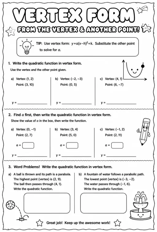 Write a quadratic function in vertex form from its vertex and another point