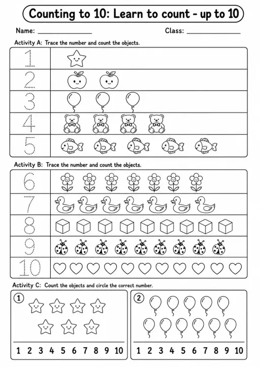 Pre-K Counting to 10 Math Worksheet Pack
