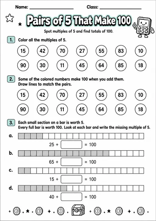 Pairs of 5 That Make 100 - Grade 3 Math Worksheet - grade 3 Labeling, matching, sorting, and classification