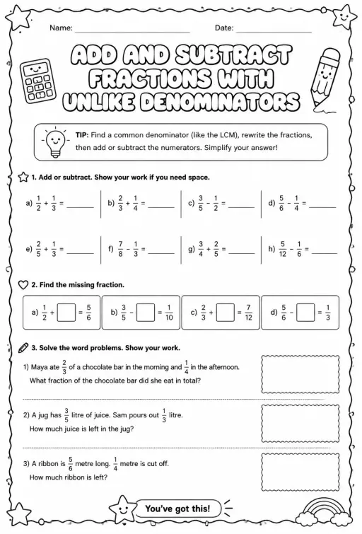 Add and subtract fractions with unlike denominators