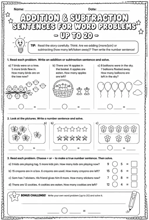 Addition and subtraction sentences for word problems - up to 20