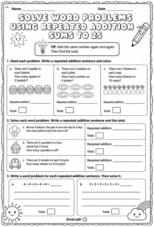 Solve word problems using repeated addition - sums to 25