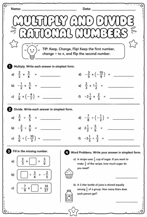 Multiply and divide rational numbers