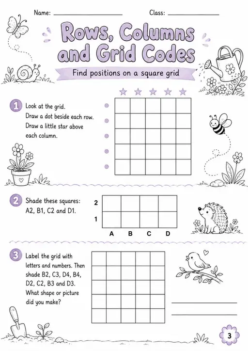 Rows, Columns and Grid Codes - Grade 3 Math Worksheet