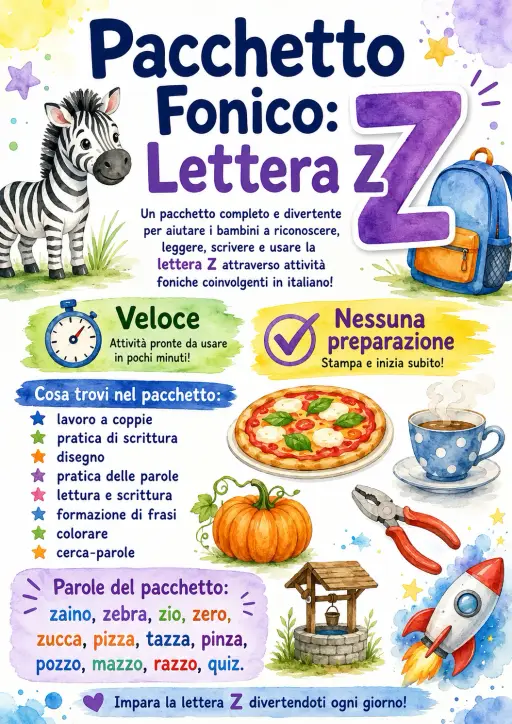 Italian Letter Z Phonics Worksheets Pack