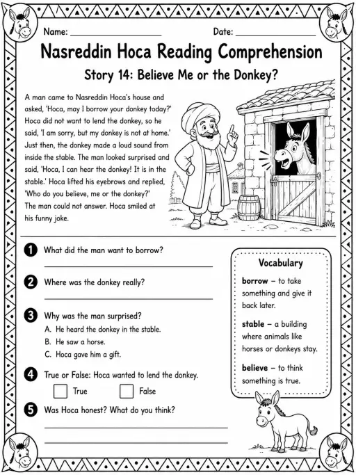 Nasreddin Hoca Reading Comprehension: Believe Me or the Donkey?