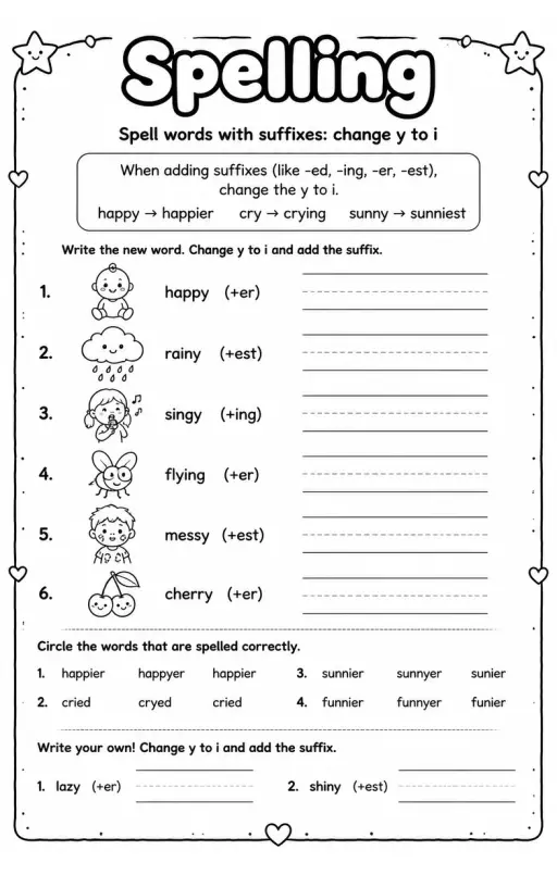 Spell words with suffixes: change y to i