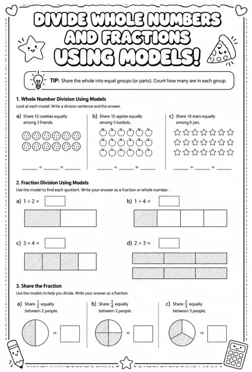 Divide whole numbers and fractions using models