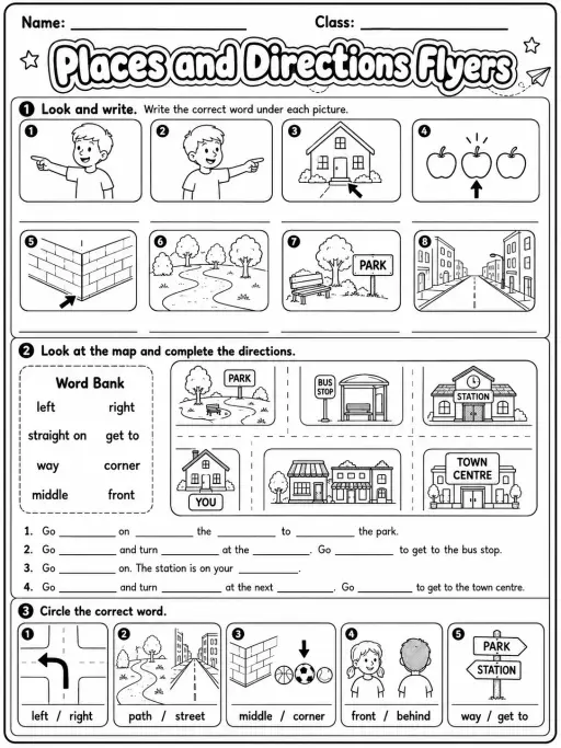 Places and Directions Flyers Vocabulary Worksheet Pack