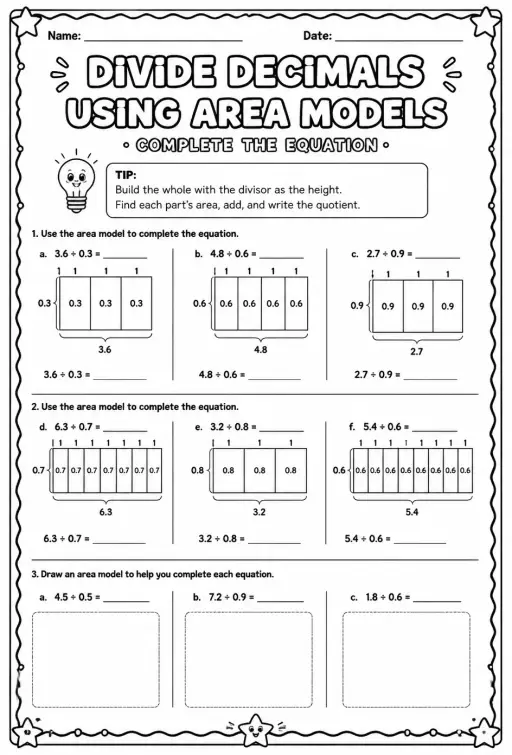 Divide decimals using area models: complete the equation