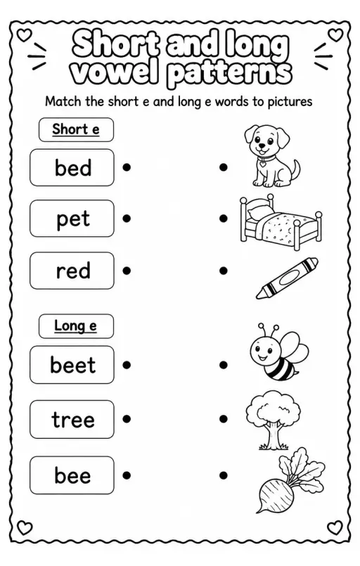 Match the short e and long e words to pictures