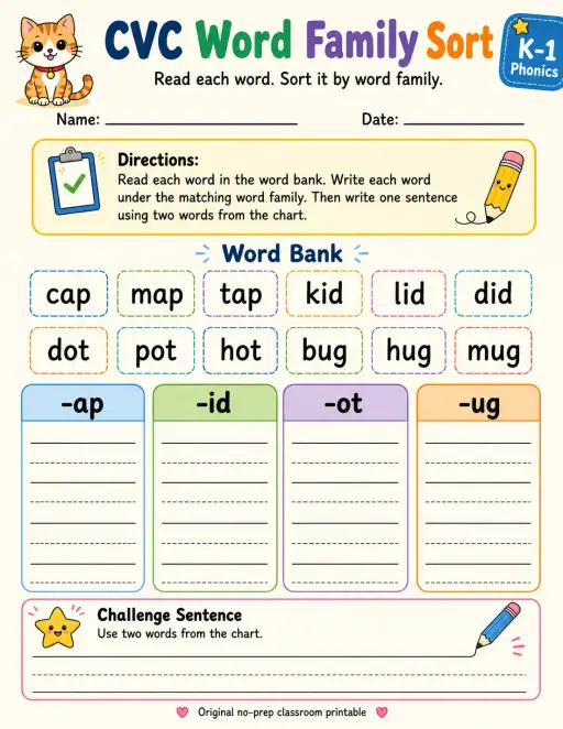 CVC Word Family Sort: -ap, -id, -ot, -ug
