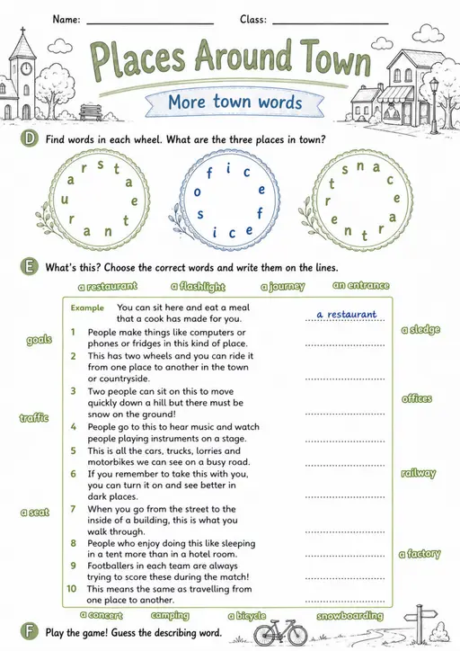 Cambridge Flyers - Places Around Town - Practice 2 | Free Worksheet