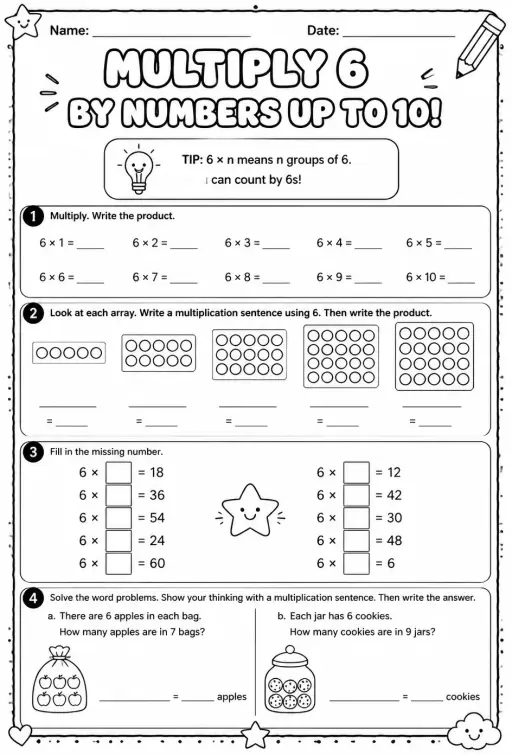 Multiply 6 by numbers up to 10