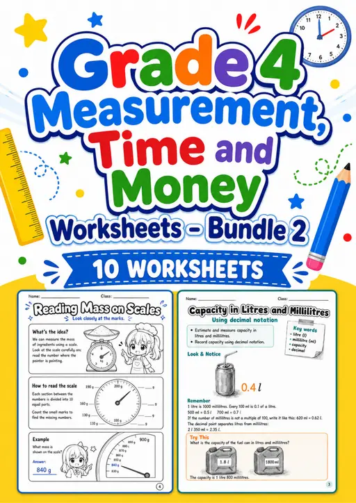 Grade 4 Measurement, Time and Money Worksheets - Pack 2