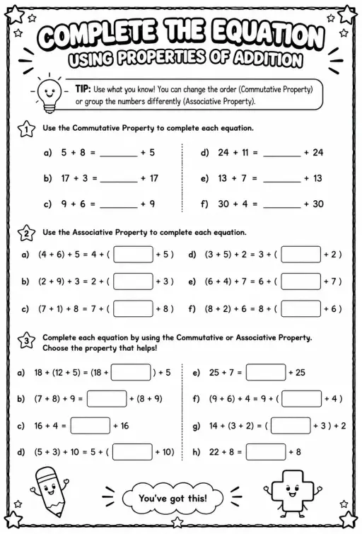 Complete the equation using properties of addition