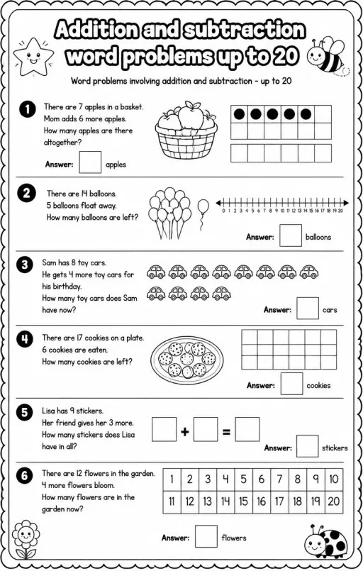 Word problems involving addition and subtraction - up to 20