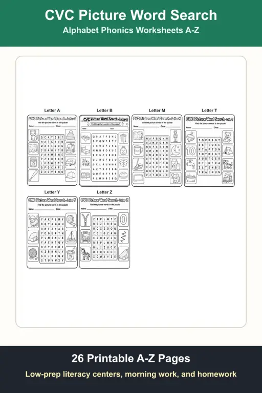 CVC Picture Word Search Worksheets A-Z Pack