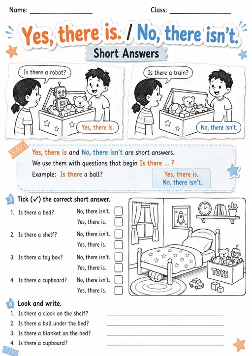 Yes There Is or No There Isn't | Grade 1 Grammar Worksheet
