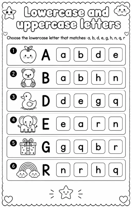 Choose the lowercase letter that matches: a, b, d, e, g, h, n, q, r