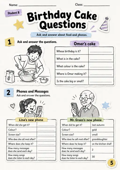 Cambridge Flyers - Birthday Cake Questions - Practice 2 | Free Worksheet