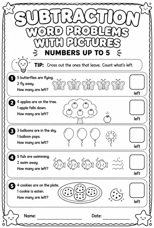 Subtraction word problems with pictures - numbers up to 5