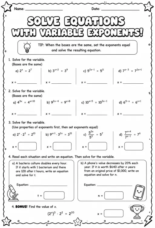 Solve equations with variable exponents