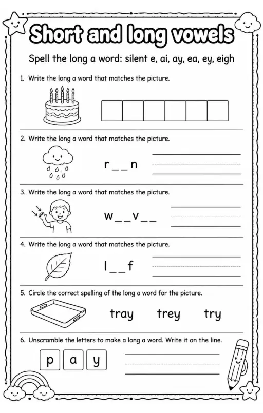 Spell the long a word: silent e, ai, ay, ea, ey, eigh