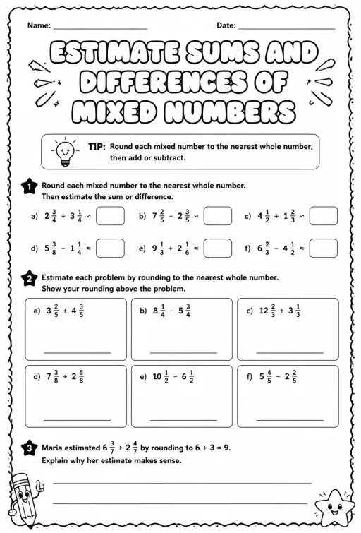 Estimate sums and differences of mixed numbers
