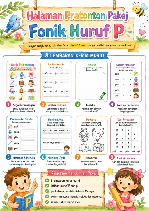 Malay Letter P Phonics Worksheets Pack