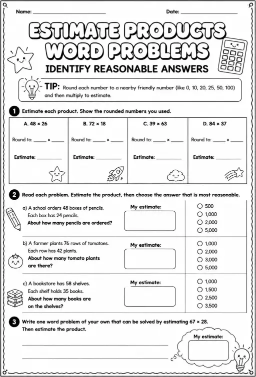 Estimate products word problems: identify reasonable answers