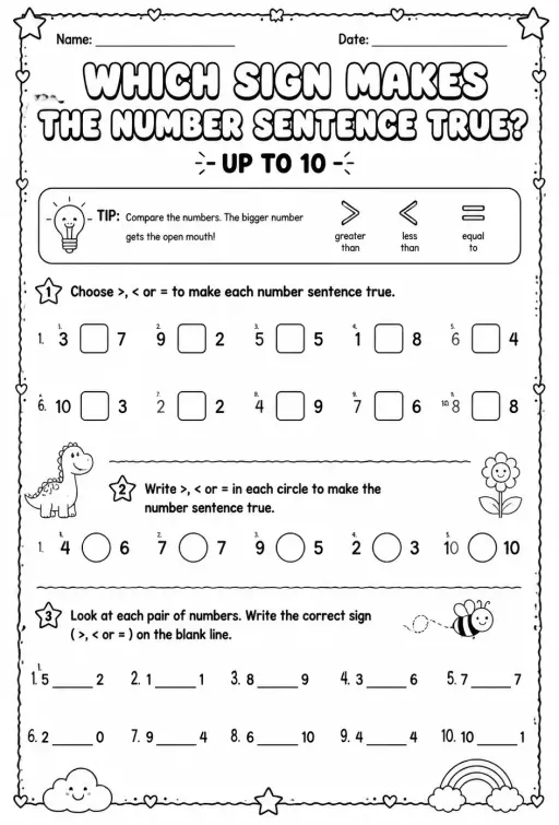 Which sign makes the number sentence true? - up to 10