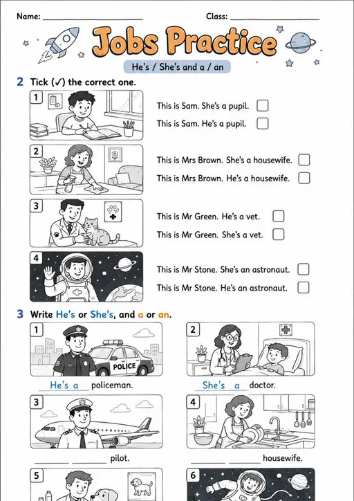 He's She's and A An with Jobs | Grade 1 Grammar Worksheet
