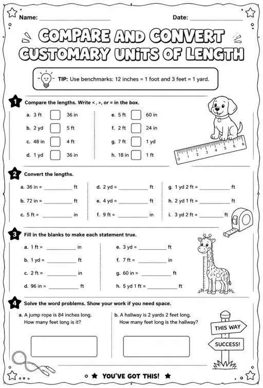 Compare and convert customary units of length