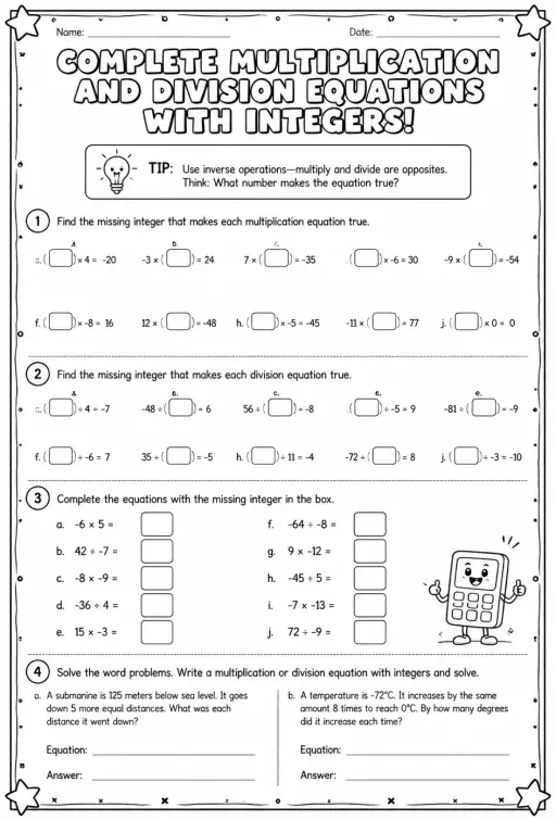 Complete multiplication and division equations with integers