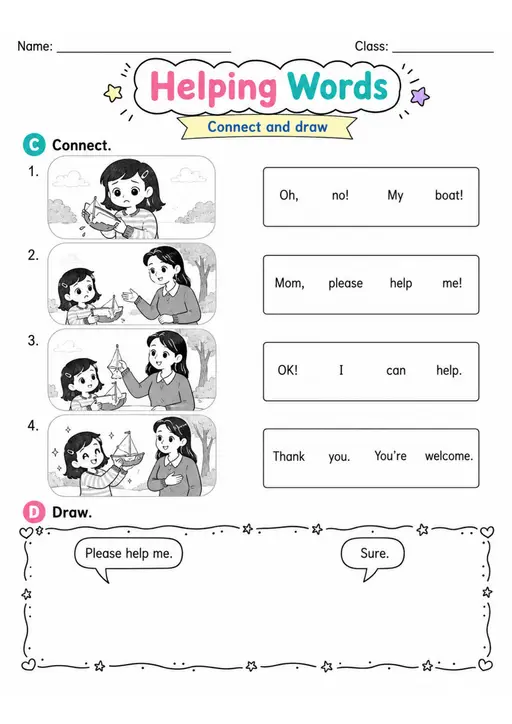 Helping Words | Grade 1 Reading and Writing Worksheet