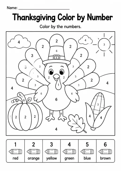 Thanksgiving Color by Number — Grade 3