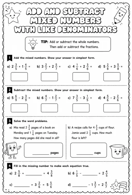 Add and subtract mixed numbers with like denominators
