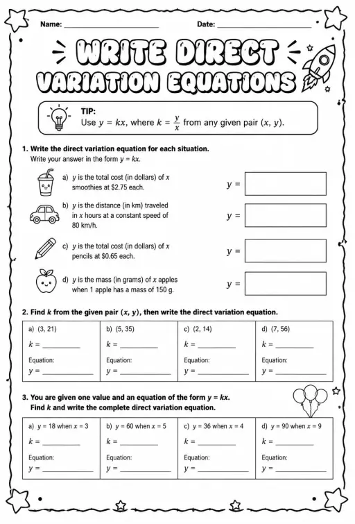 Write direct variation equations