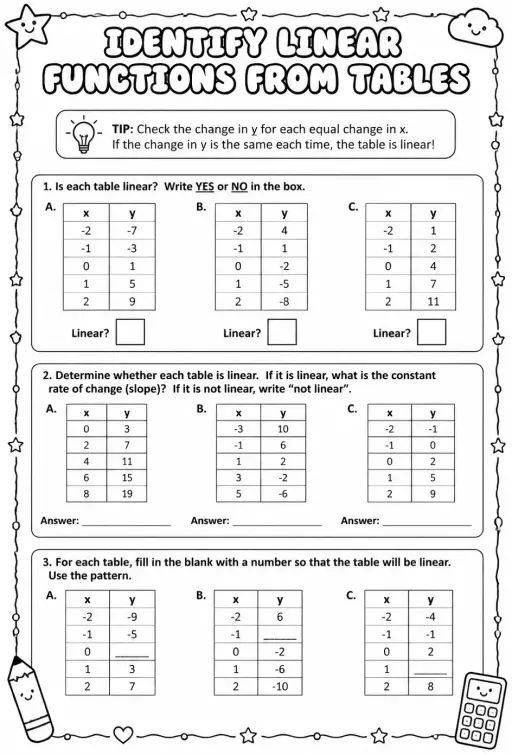 Identify linear functions from tables