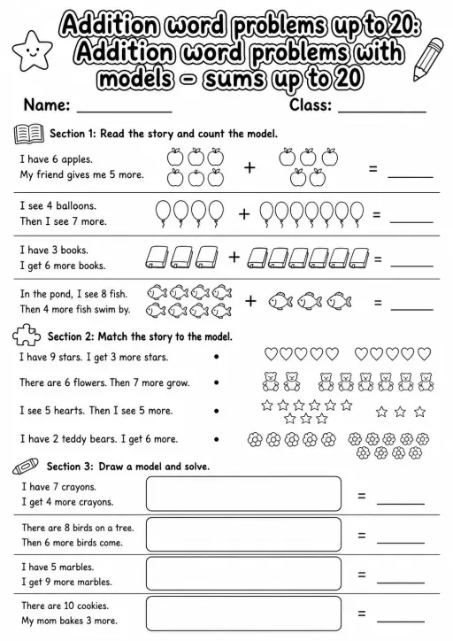 Grade 1 Addition Word Problems up to 20 Math Worksheet Pack