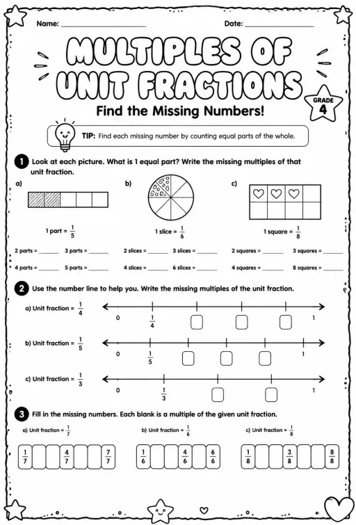 Multiples of unit fractions: find the missing numbers