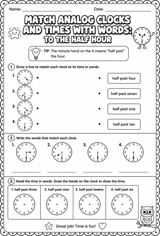 Match analog clocks and times with words: to the half hour
