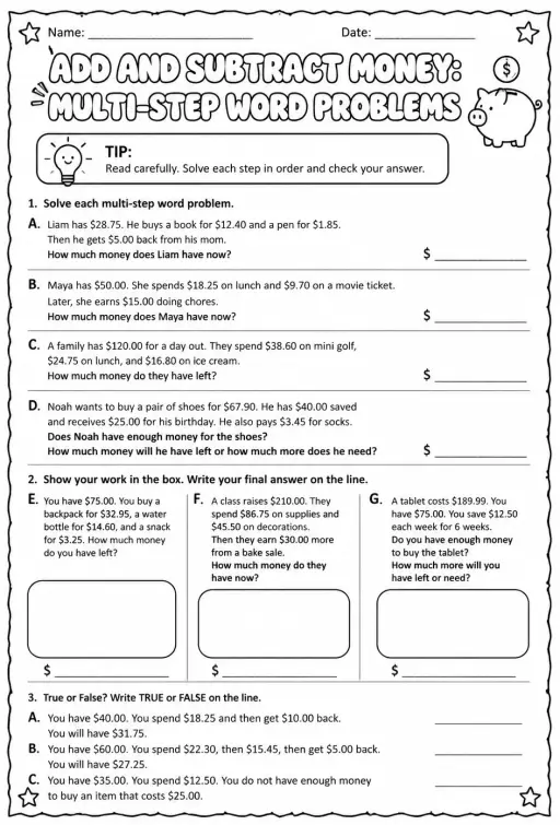 Add and subtract money: multi-step word problems