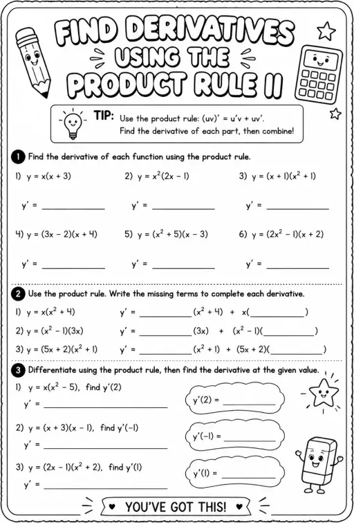 Find derivatives using the product rule II